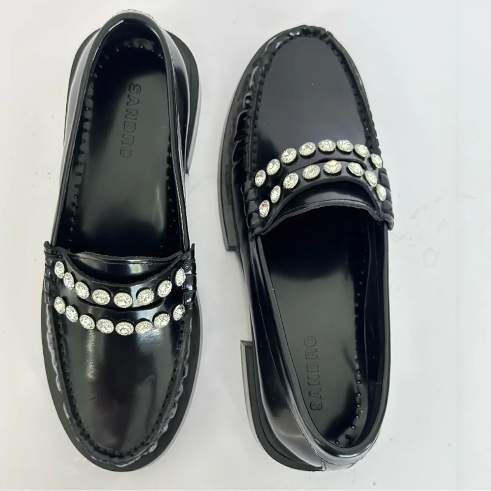 SANDRO Crystal-Embellished Patent-Leather Women’s Black Slip On Loafers Size 5